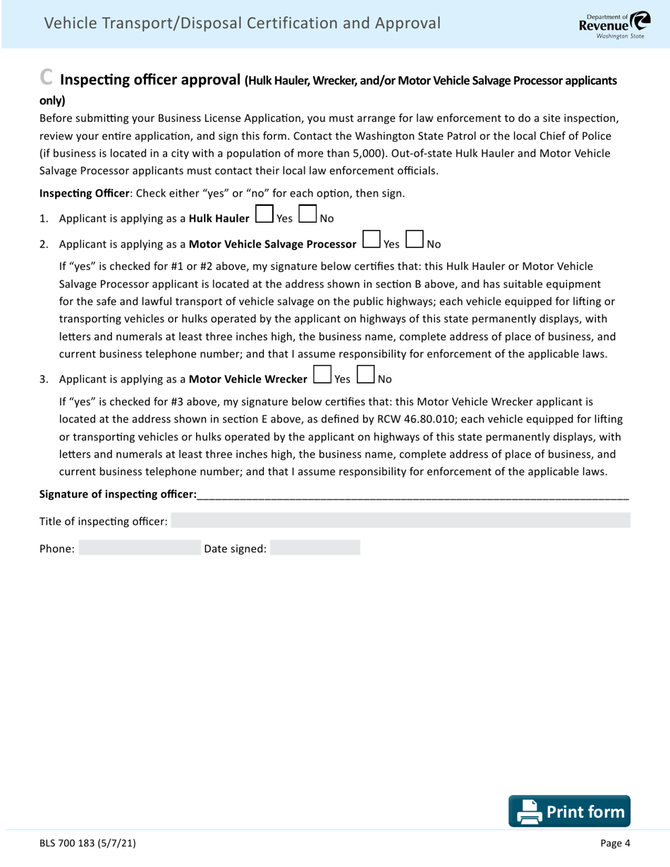 Form BLS700 183 Vehicle Transport / Disposal Addendum - Washington, Page 4