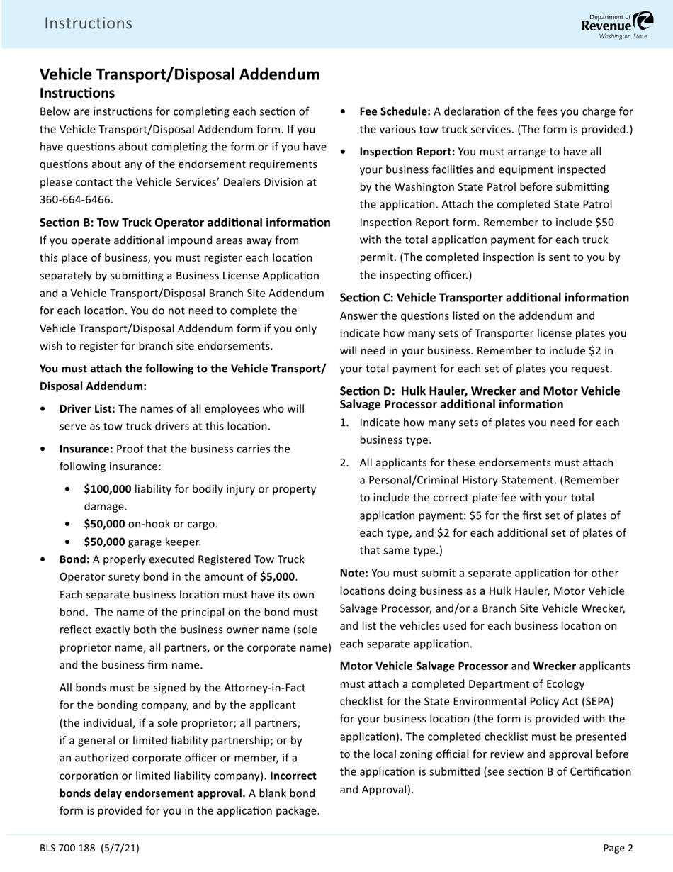 Form BLS700 183 Vehicle Transport / Disposal Addendum - Washington, Page 6
