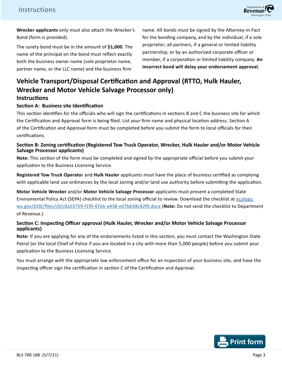 Form BLS700 183 Vehicle Transport / Disposal Addendum - Washington, Page 7