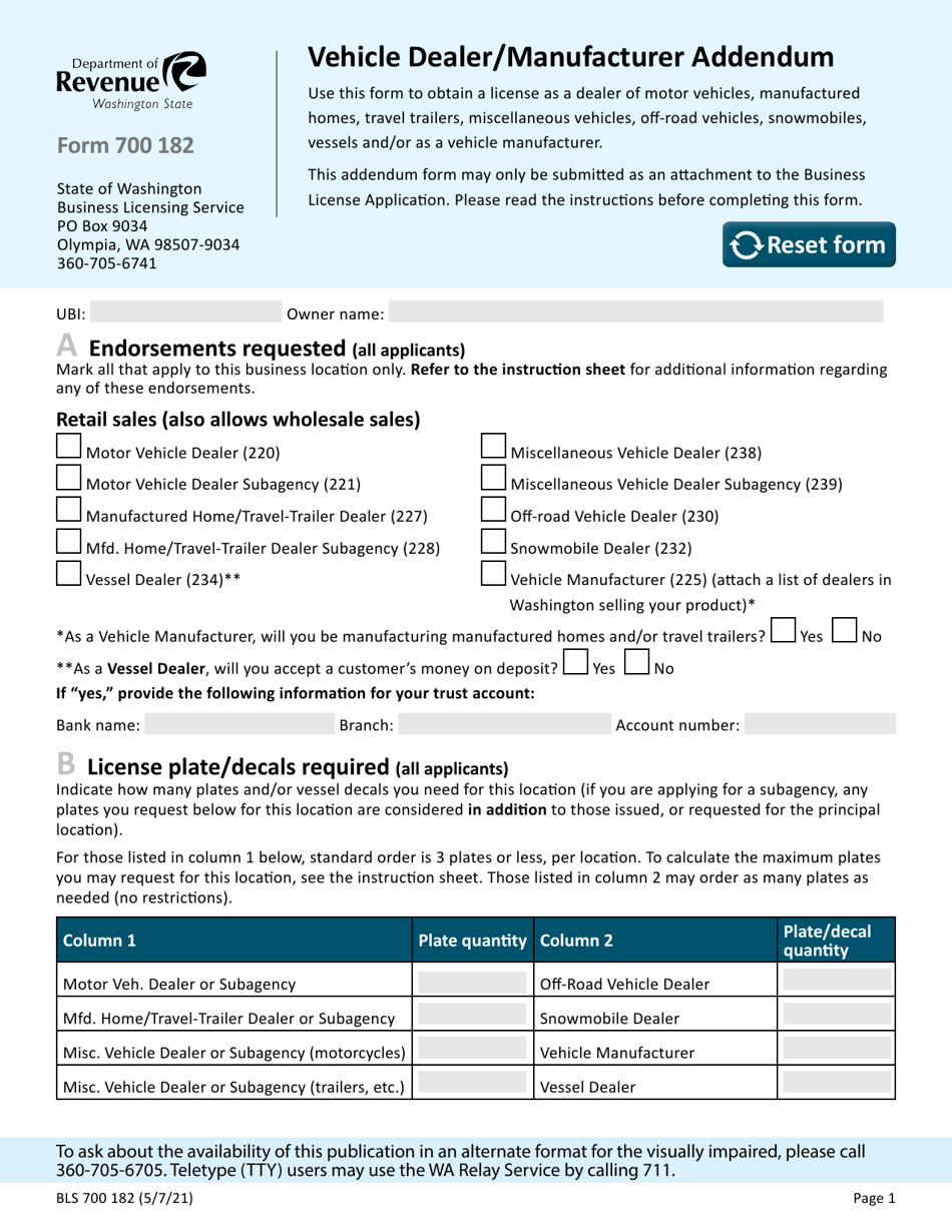Form BLS700 182 Vehicle Dealer / Manufacturer Addendum - Washington, Page 1