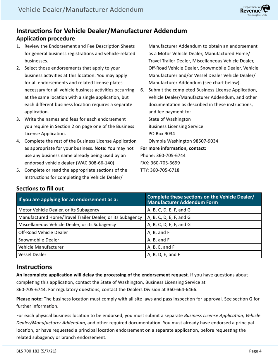 Form BLS700 182 Vehicle Dealer / Manufacturer Addendum - Washington, Page 4
