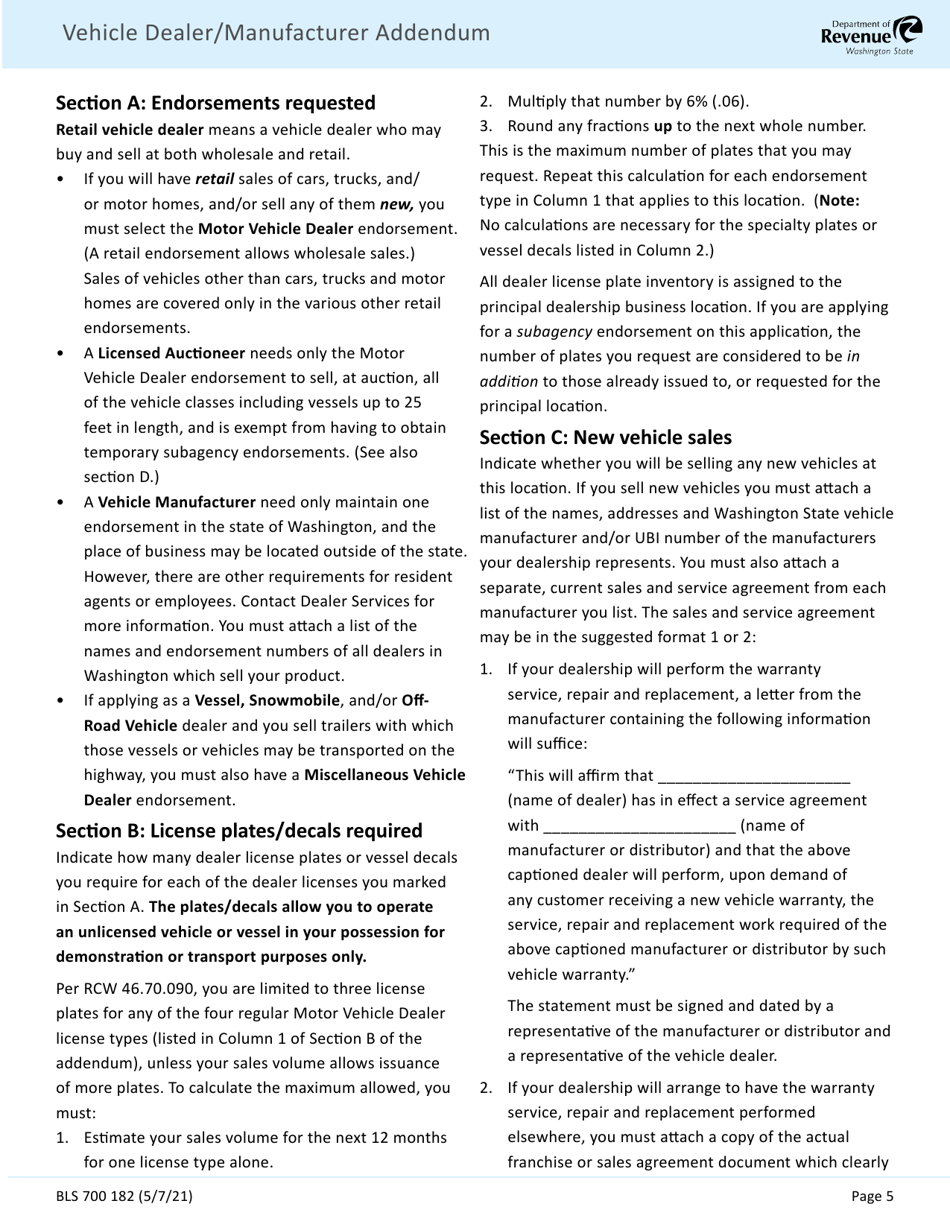 Form BLS700 182 Vehicle Dealer / Manufacturer Addendum - Washington, Page 5