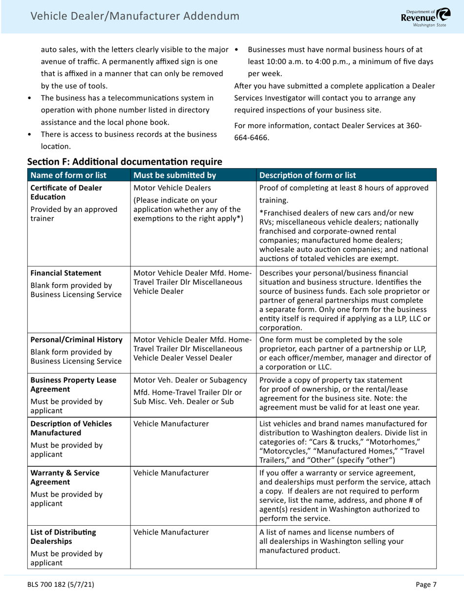 Form BLS700 182 Vehicle Dealer / Manufacturer Addendum - Washington, Page 7