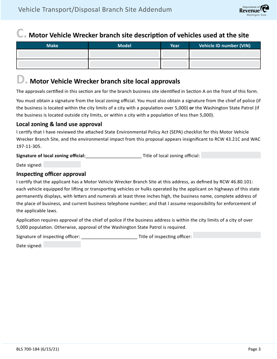 Form BLS700 184 Vehicle Transport / Disposal Branch Site Addendum - Washington, Page 3