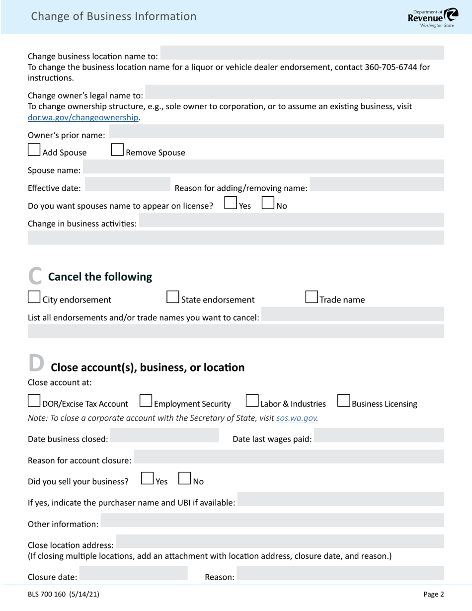 Form BLS700 160 Business Information Change Form - Washington, Page 2