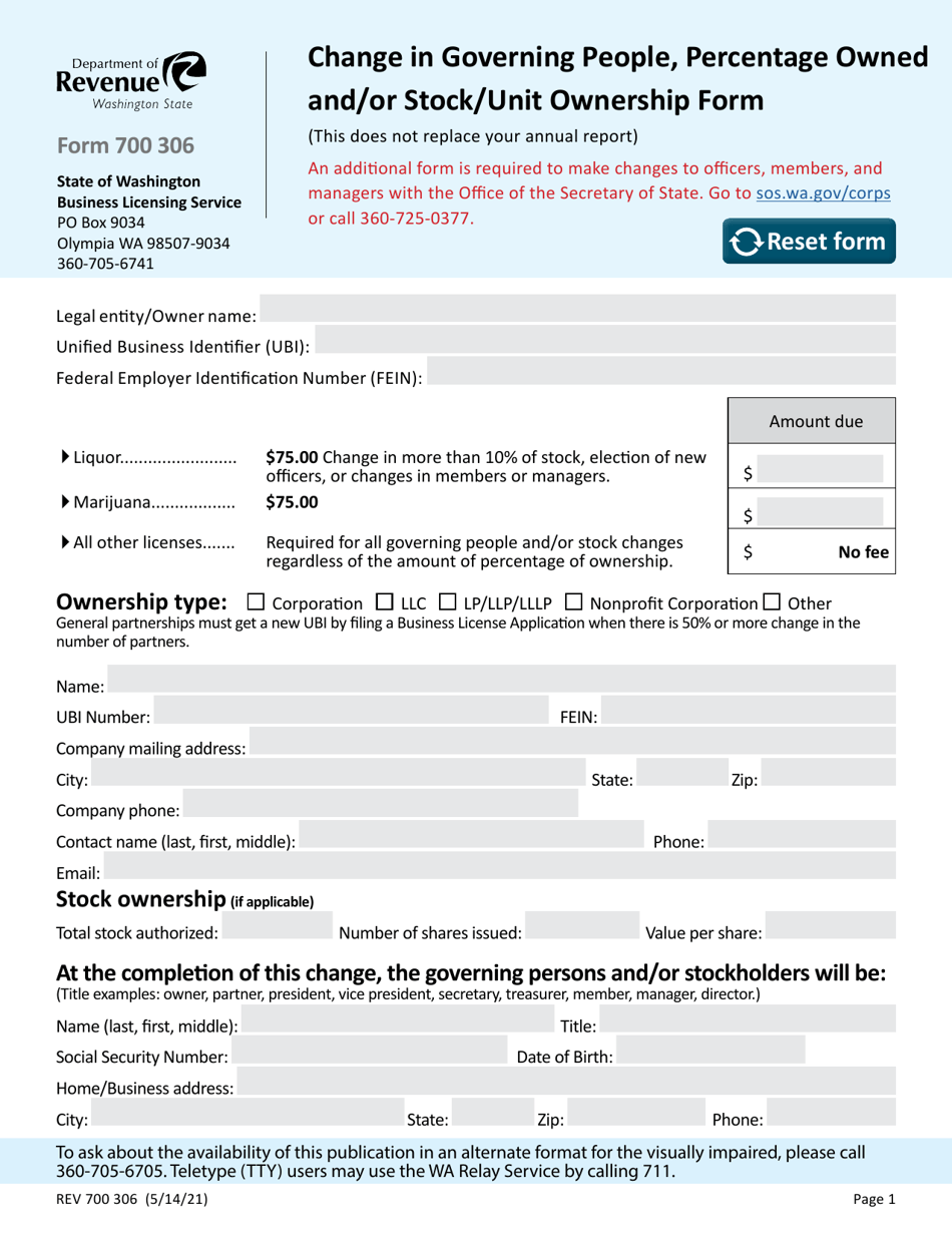 Form REV700 306 Change in Governing People, Percentage Owned and / or Stock / Unit Ownership Form - Washington, Page 1