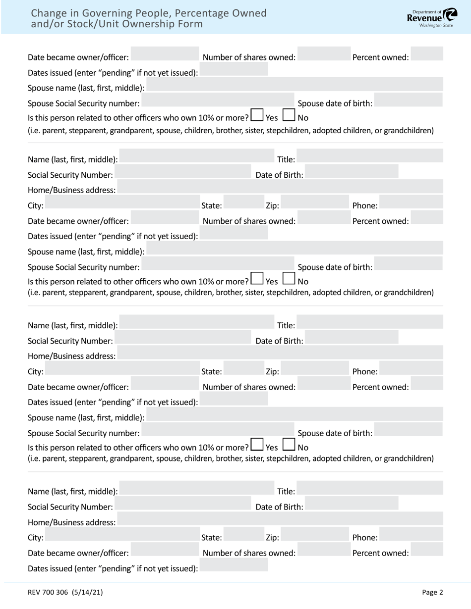 Form REV700 306 Change in Governing People, Percentage Owned and / or Stock / Unit Ownership Form - Washington, Page 2