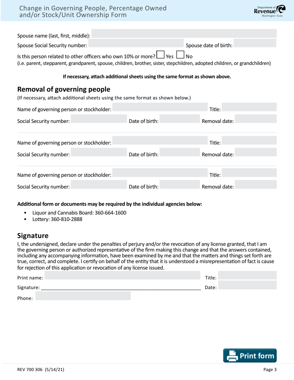 Form REV700 306 Change in Governing People, Percentage Owned and / or Stock / Unit Ownership Form - Washington, Page 3