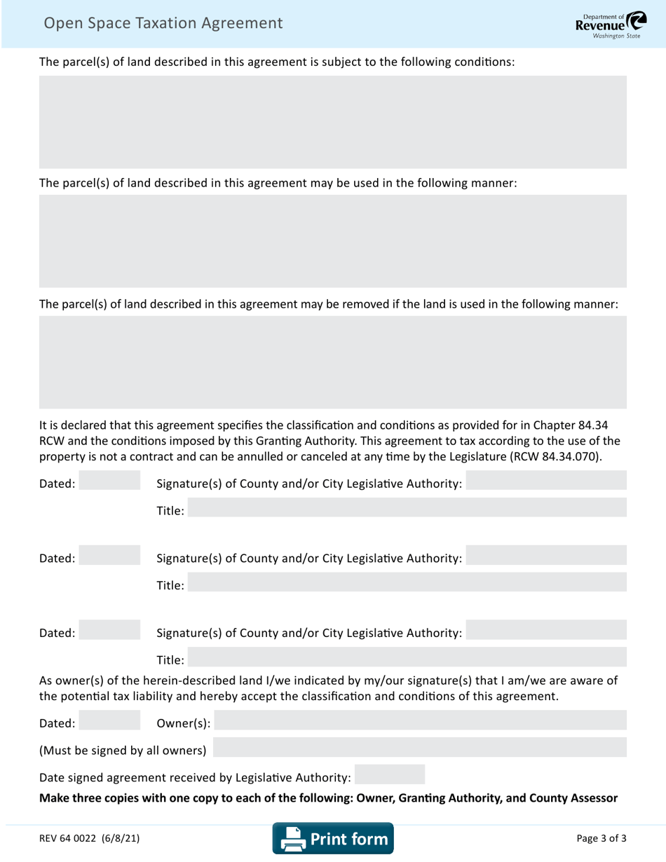 Form REV64 0022 Open Space Taxation Agreement - Washington, Page 3