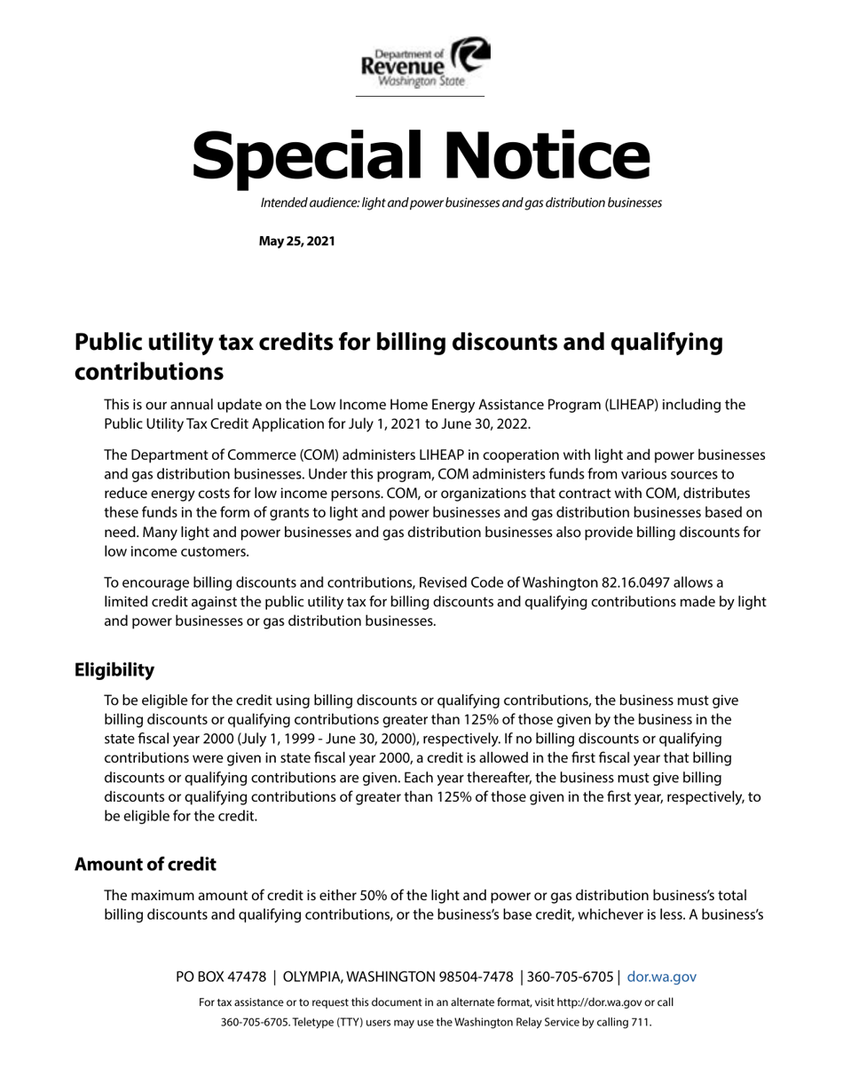 Form REV41 0078 Public Utility Tax Credit Application Low Income Assistance - Washington, Page 1