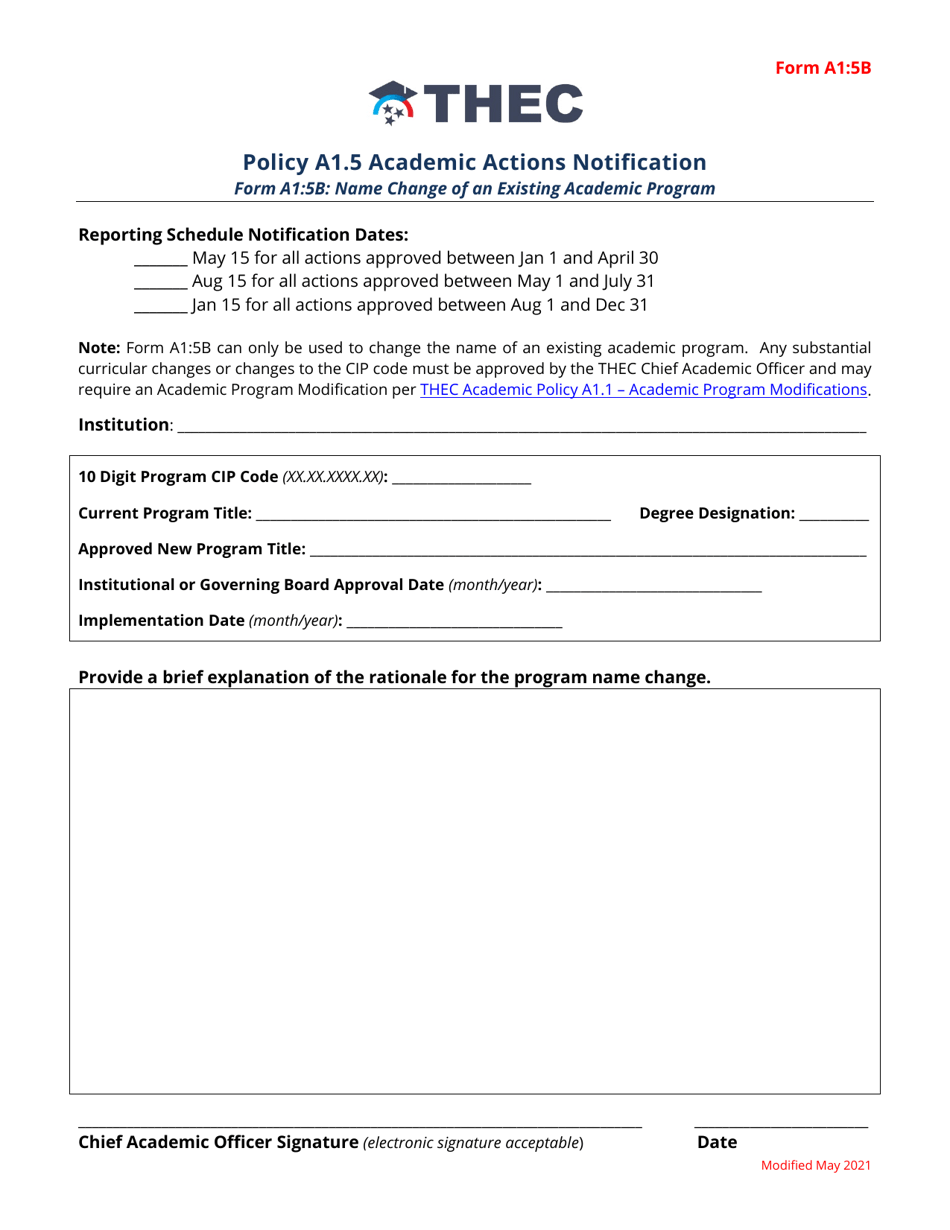 Form A1:5B Name Change of an Existing Academic Program - Tennessee, Page 1