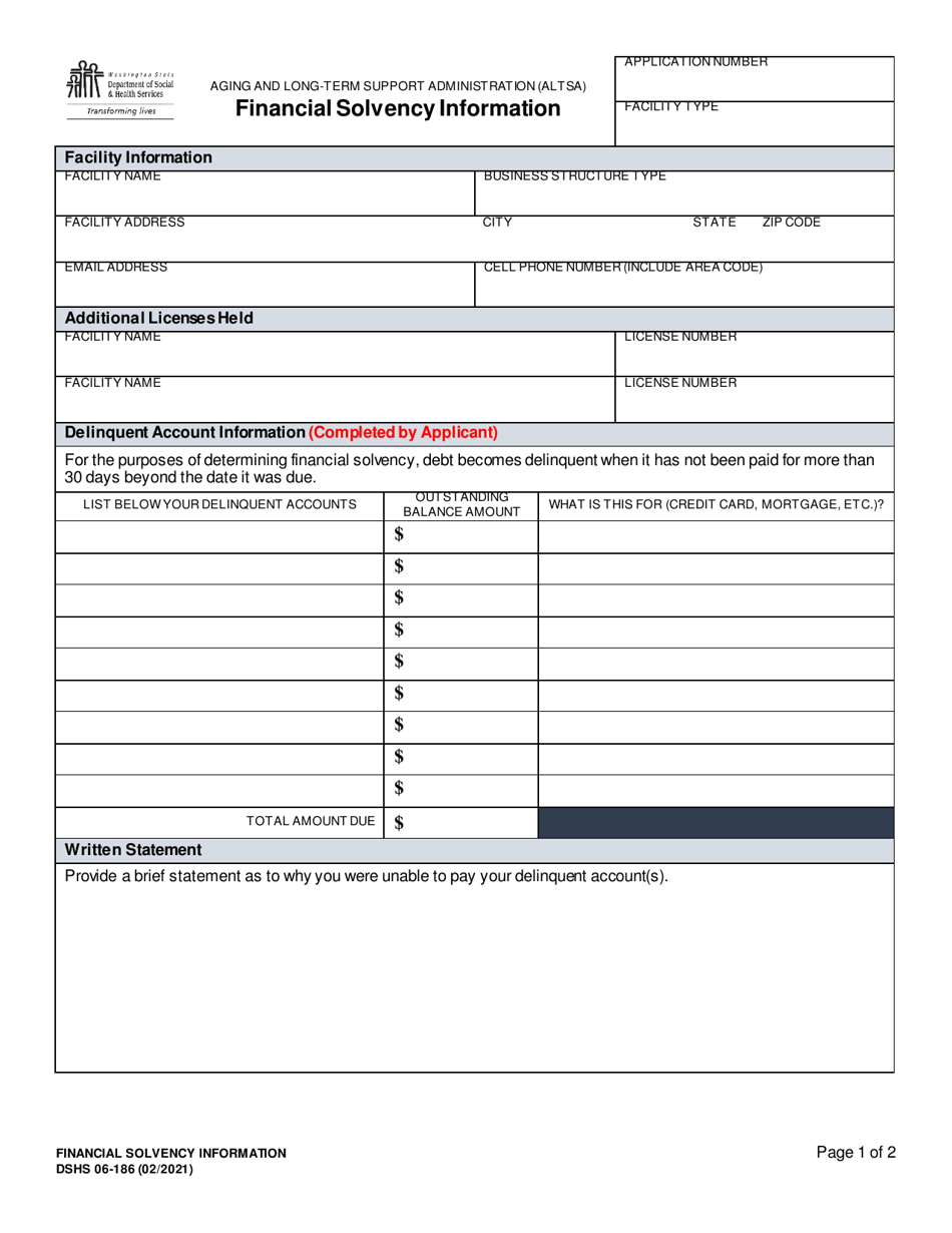 DSHS Form 06-186 Financial Solvency Information - Washington, Page 1
