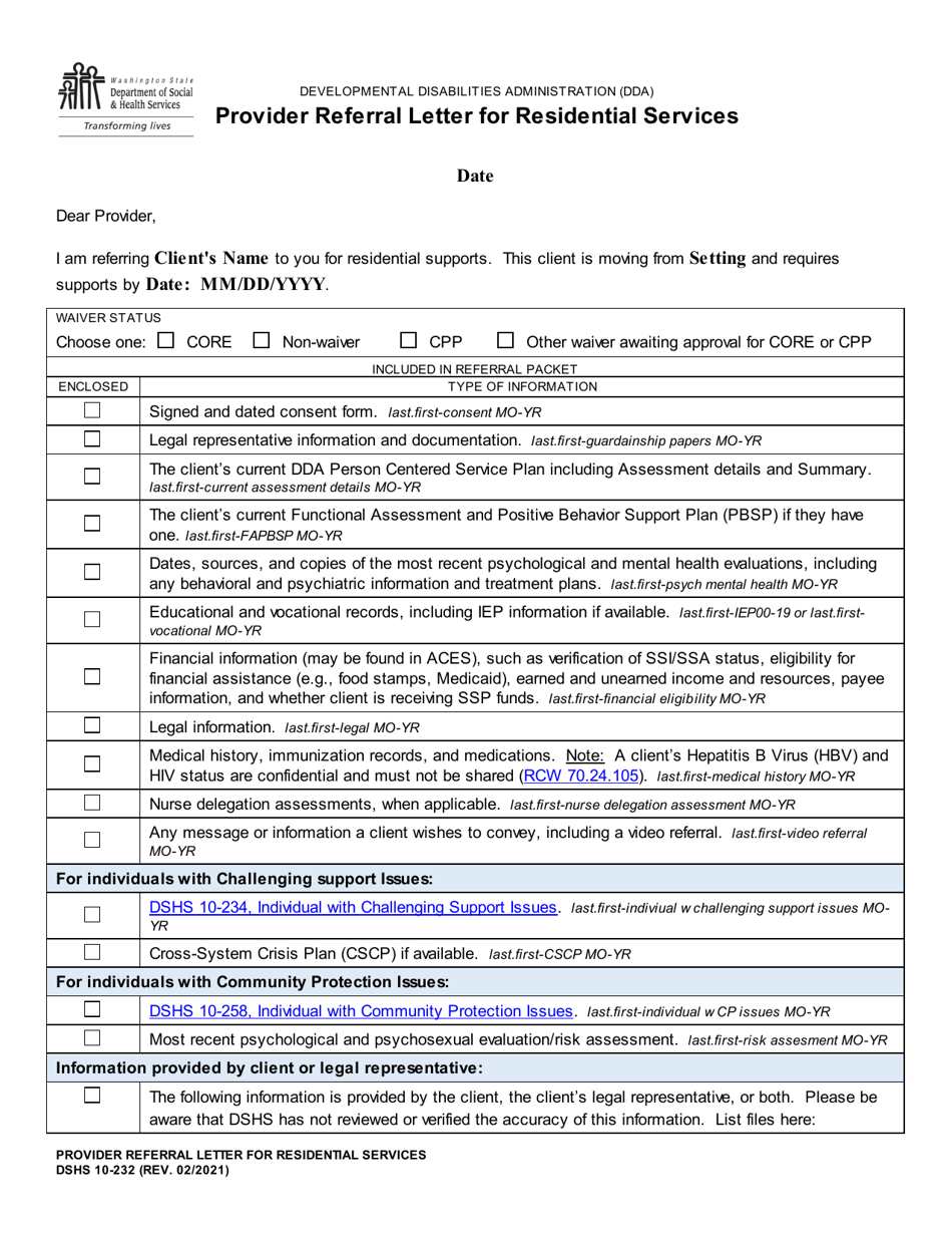 DSHS Form 10-232 Provider Referral Letter for Residential Services - Washington, Page 1