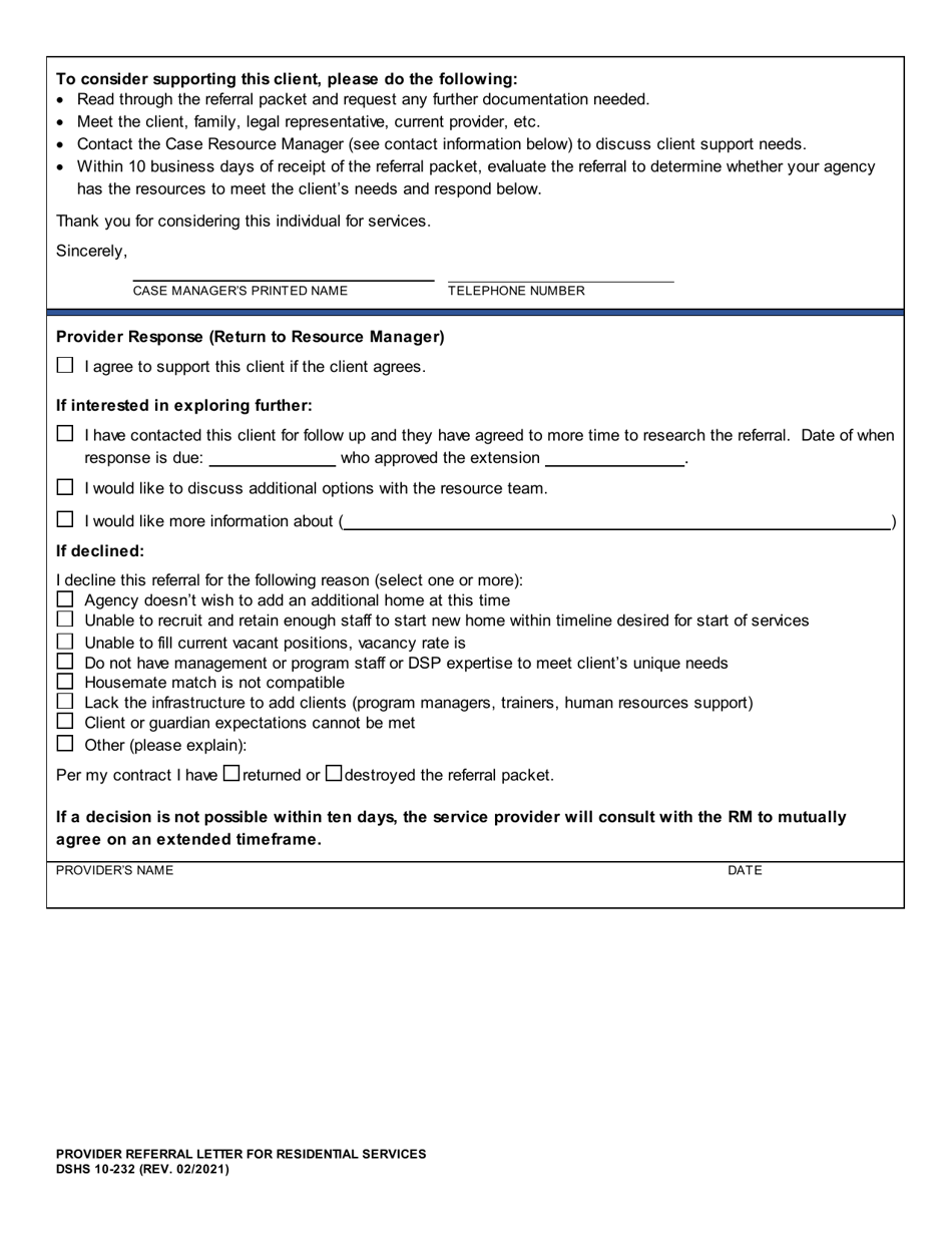 DSHS Form 10-232 Provider Referral Letter for Residential Services - Washington, Page 2