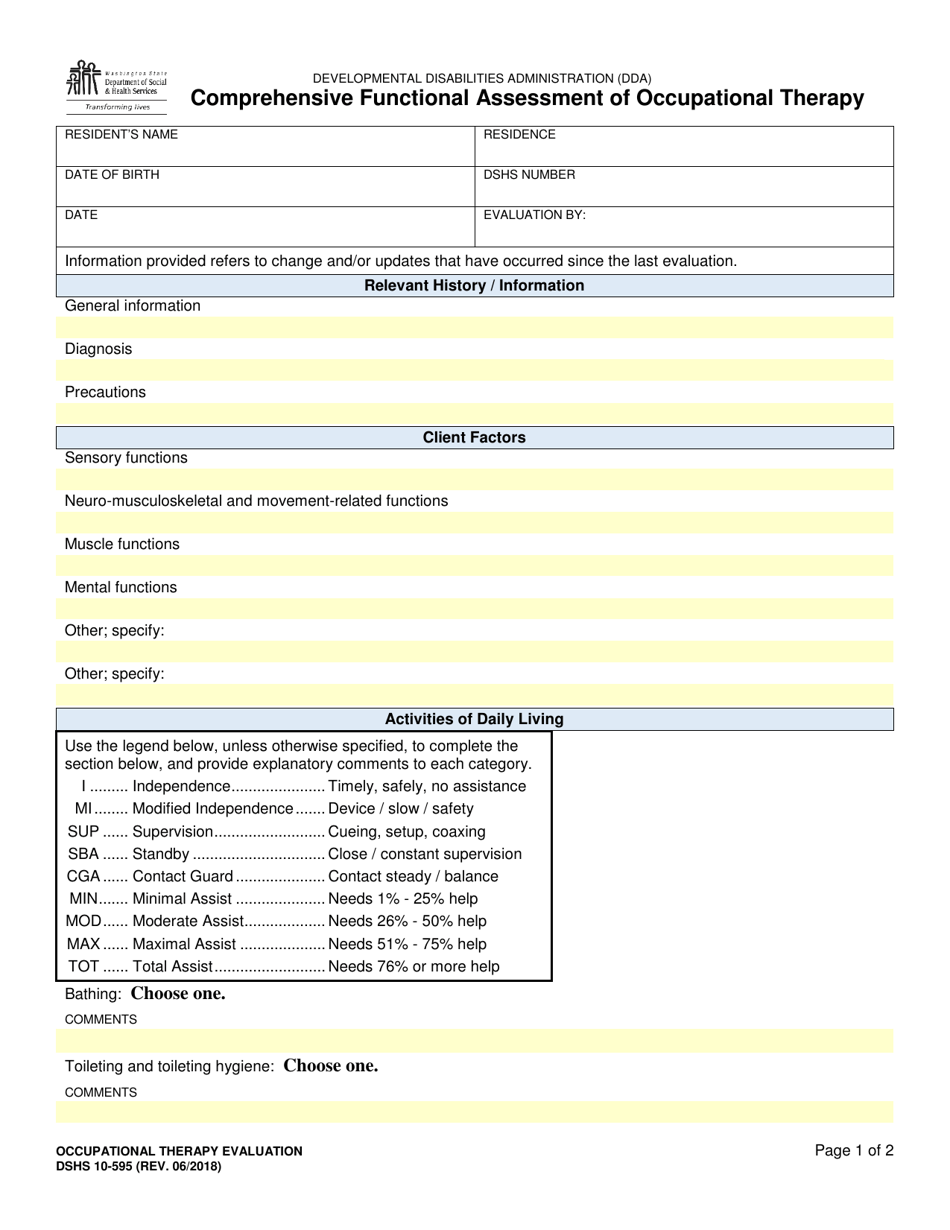 DSHS Form 10-595 Comprehensive Functional Assessment of Occupational Therapy - Washington, Page 1