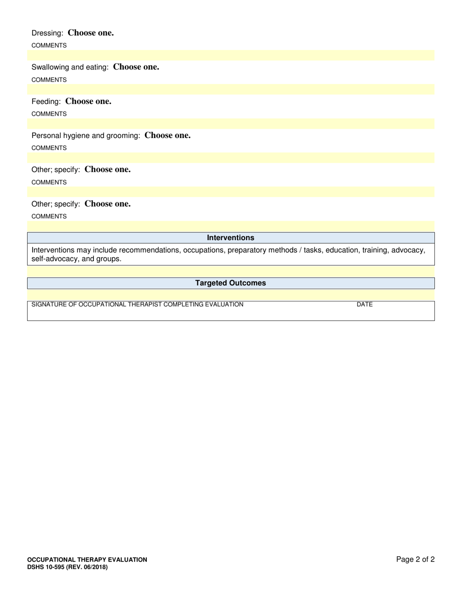DSHS Form 10-595 Comprehensive Functional Assessment of Occupational Therapy - Washington, Page 2