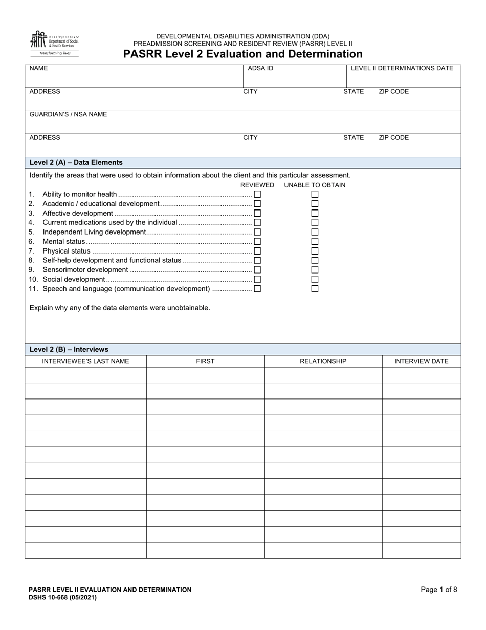 DSHS Form 10-688 Pasrr Level 2 Evaluation and Determination - Washington, Page 1