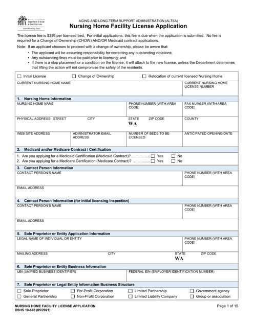 DSHS Form 10-670 Nursing Home Facility License Application - Washington