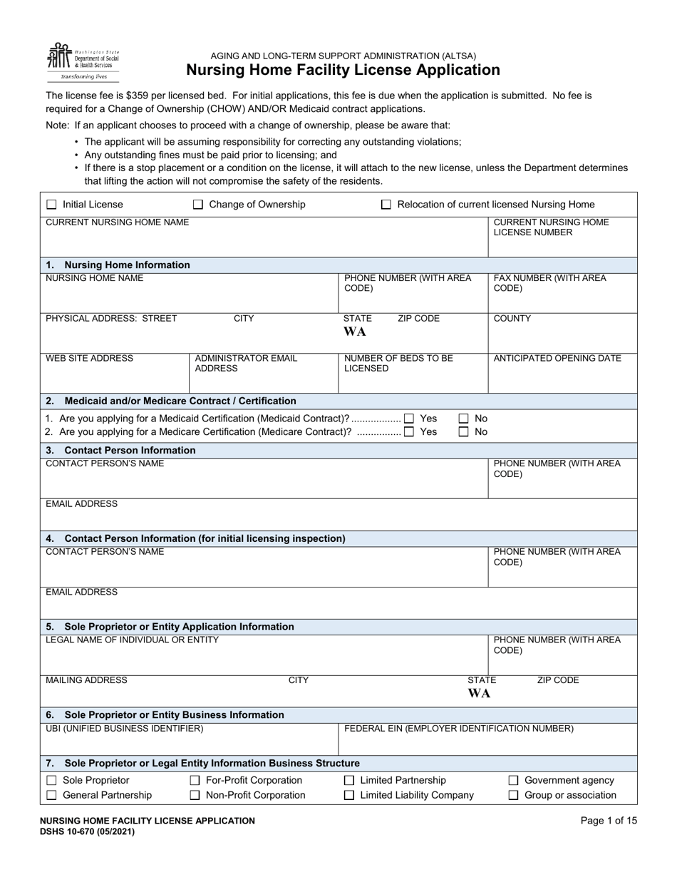 DSHS Form 10-670 Nursing Home Facility License Application - Washington, Page 1