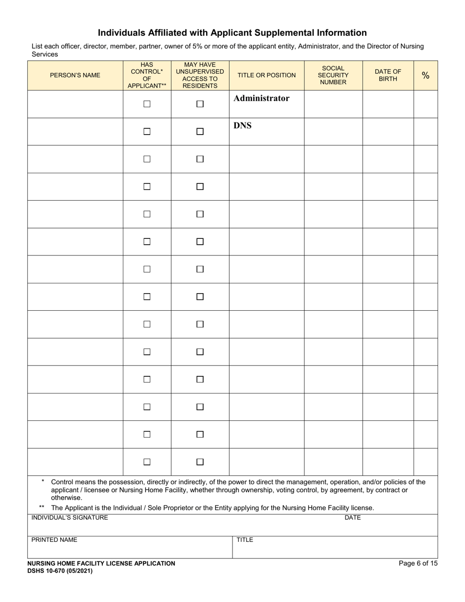 DSHS Form 10-670 Nursing Home Facility License Application - Washington, Page 6
