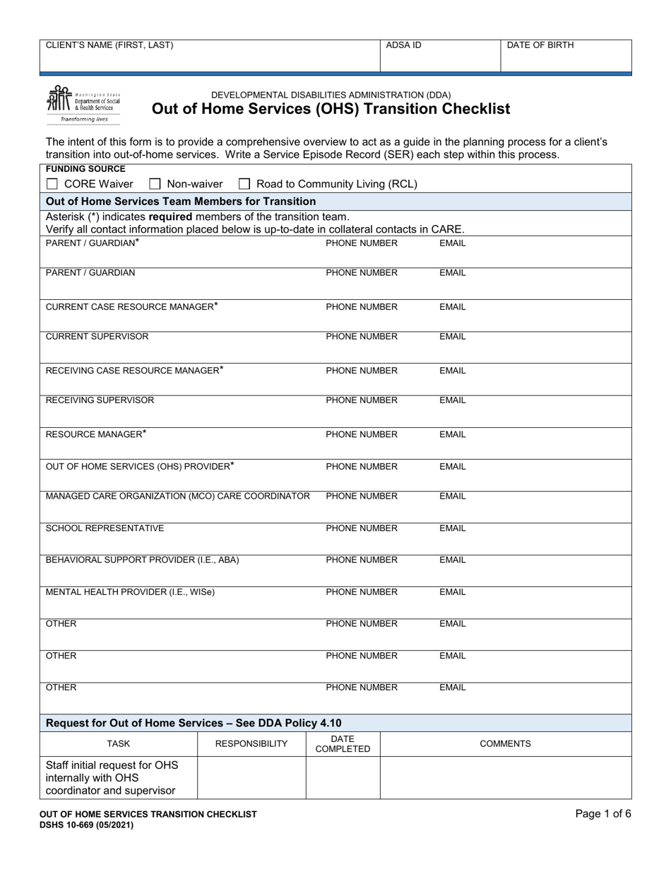 DSHS Form 10-669 Out of Home Services (Ohs) Transition Checklist - Washington, Page 1