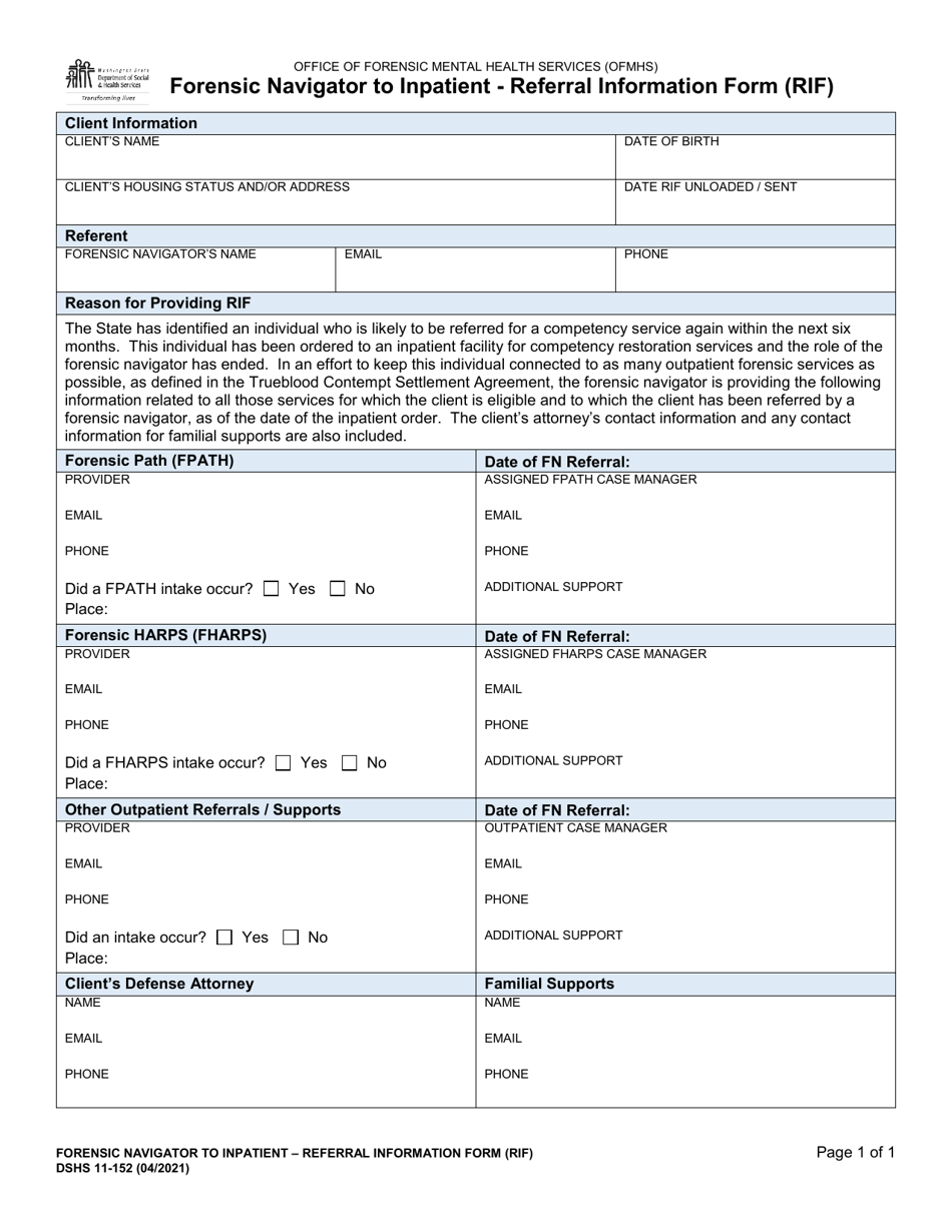 DSHS Form 11-152 Forensic Navigator to Inpatient - Referral Information Form (Rif) - Washington, Page 1