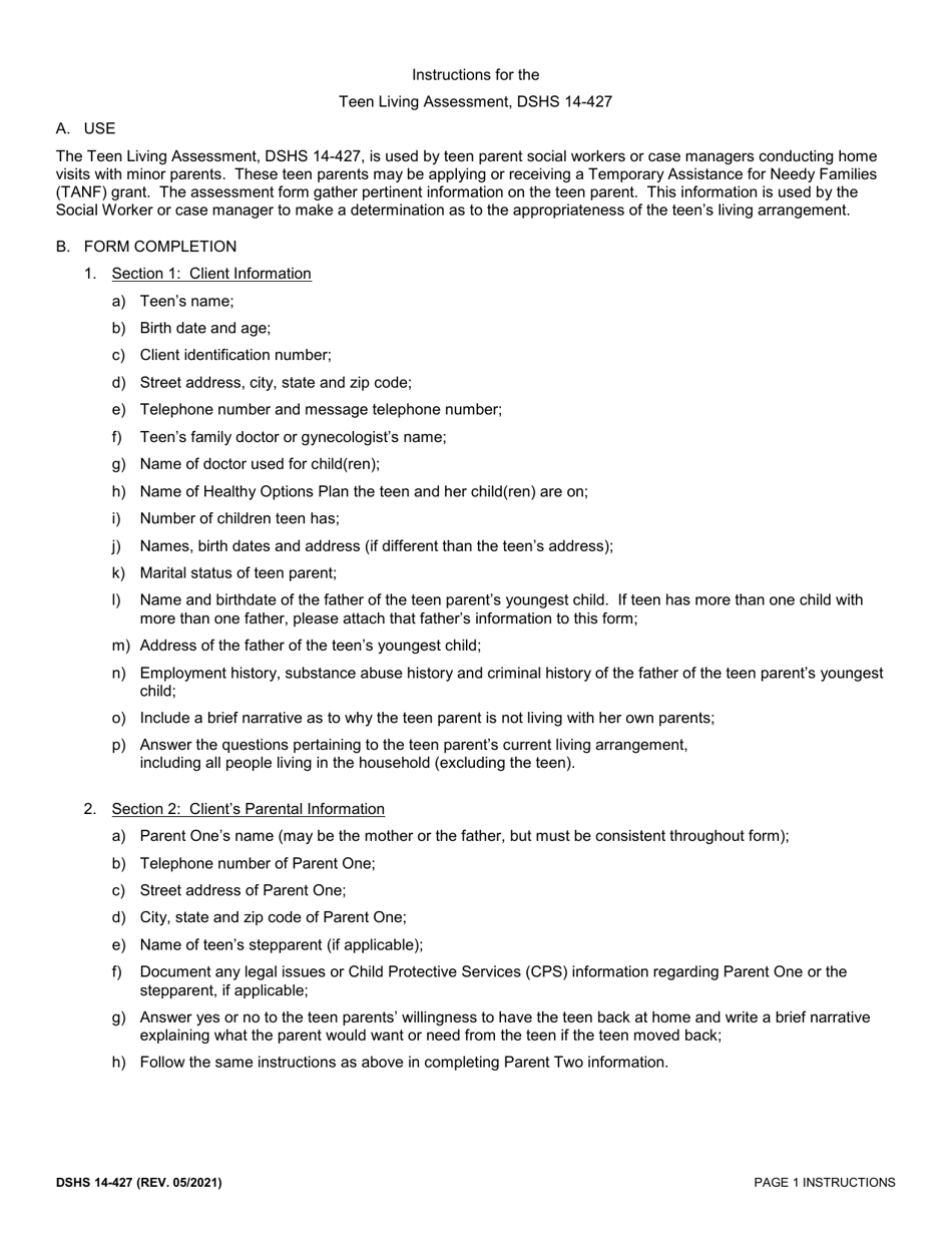 Instructions for DSHS Form 14-427 Teen Parent Living Assessment - Washington, Page 1