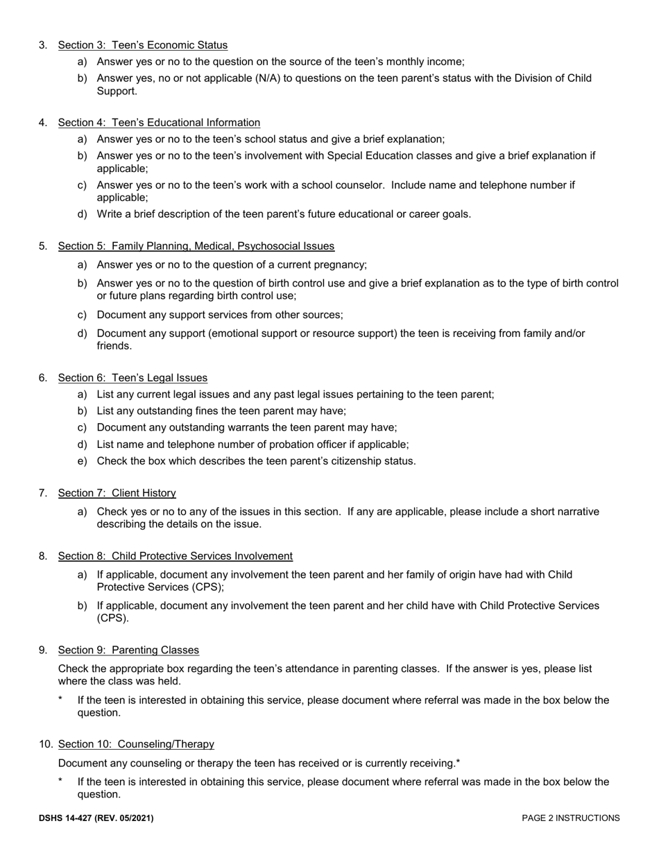 Instructions for DSHS Form 14-427 Teen Parent Living Assessment - Washington, Page 2