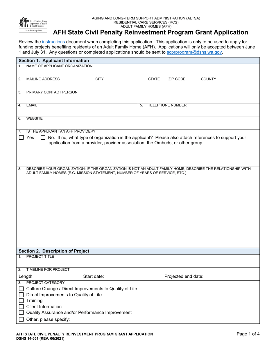 DSHS Form 14551 Download Printable PDF or Fill Online Afh State Civil