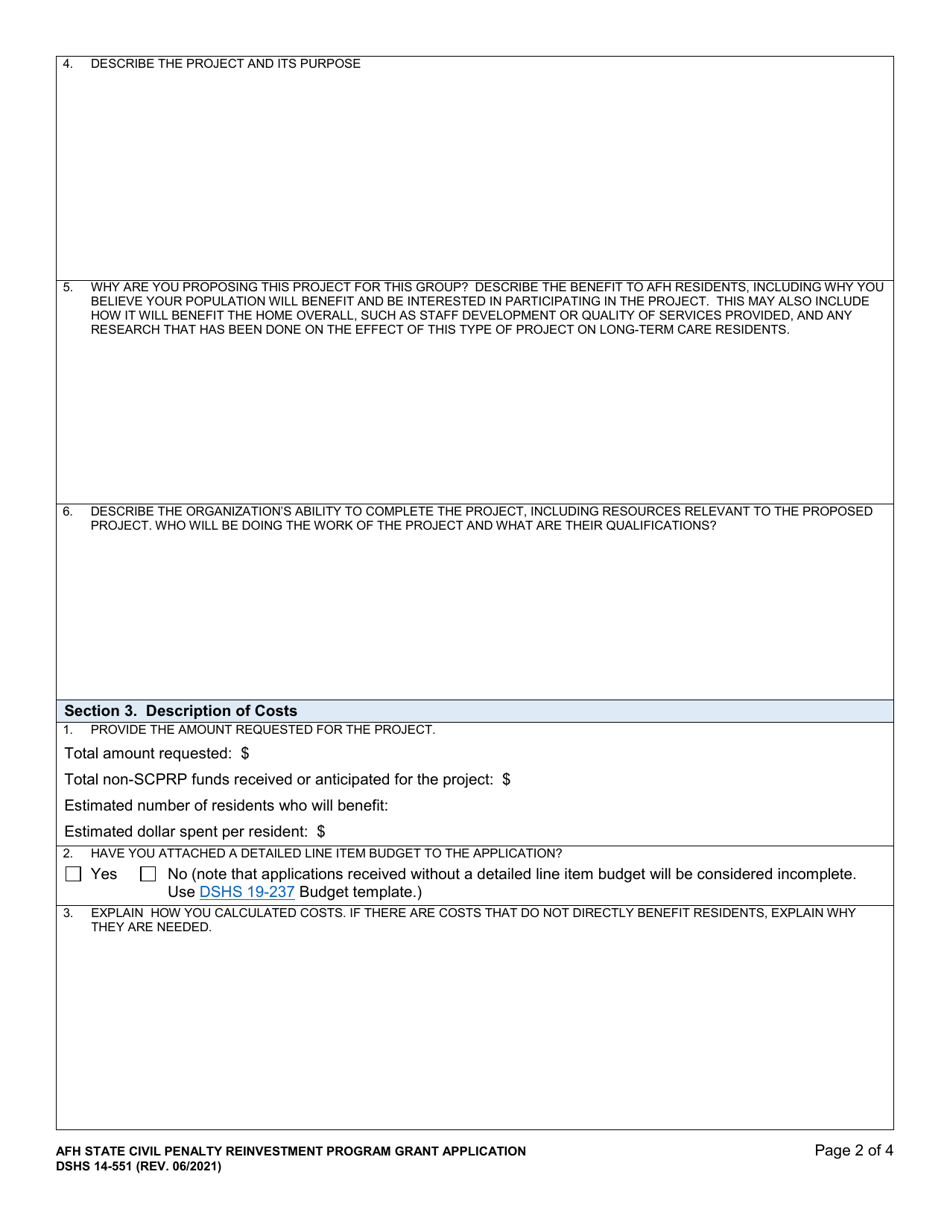 DSHS Form 14-551 Afh State Civil Penalty Reinvestment Program Grant Application - Washington, Page 2