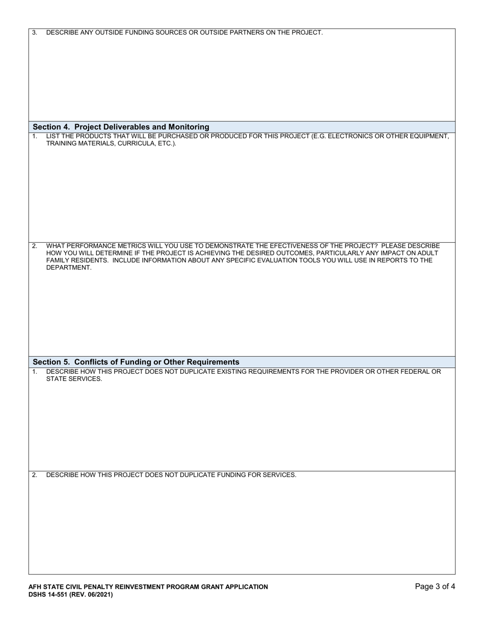 DSHS Form 14-551 Afh State Civil Penalty Reinvestment Program Grant Application - Washington, Page 3