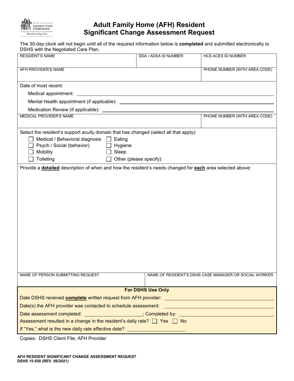 DSHS Form 15-558 Adult Family Home (Afh) Resident Significant Change Assessment Request - Washington, Page 1