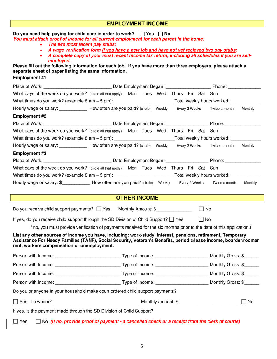 Form DSS-CC-950 Child Care Assistance Application - South Dakota, Page 5
