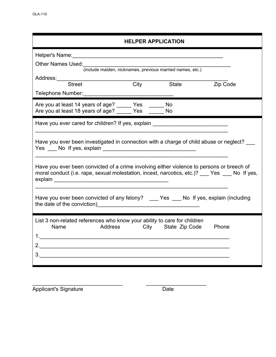 Form OLA-110 Helper Application - South Dakota, Page 1