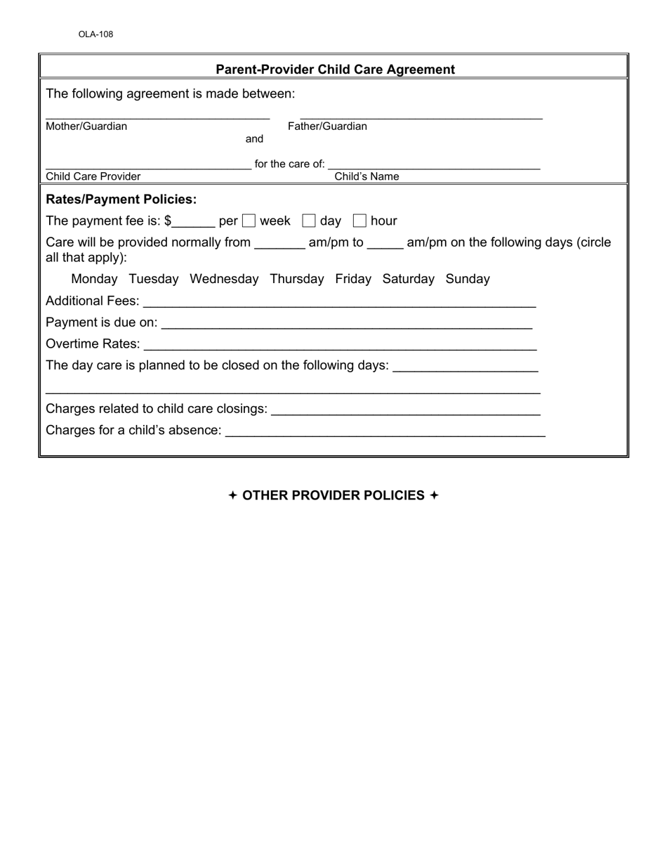 Form OLA-108 Parent-Provider Child Care Agreement - South Dakota, Page 1