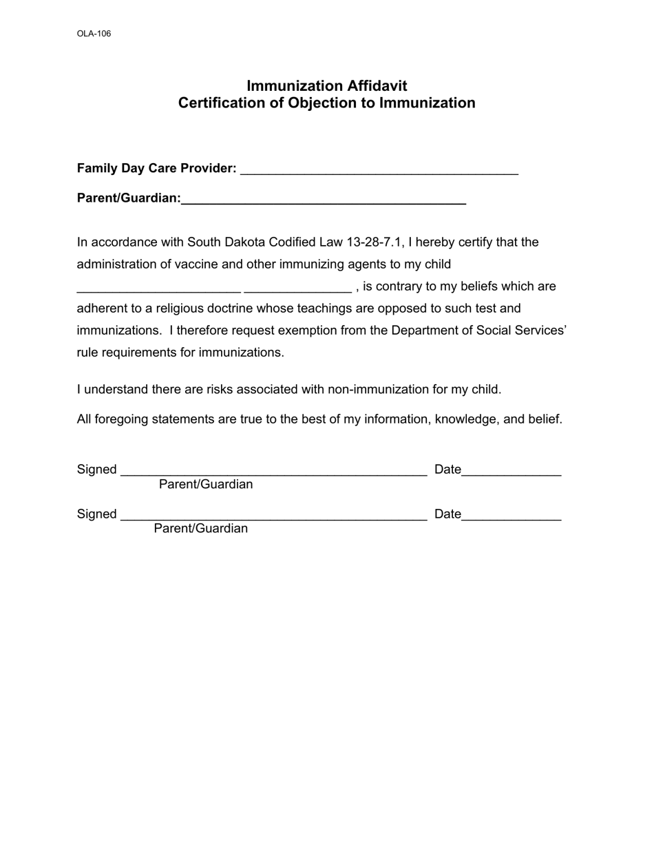 Form OLA-106 Immunization Affidavit - Certification of Objection to Immunization - South Dakota, Page 1