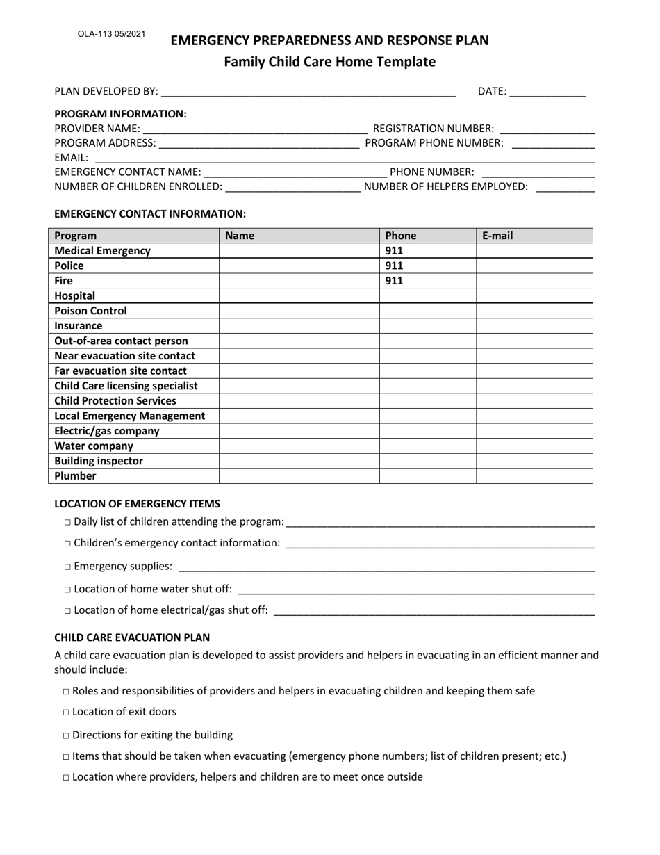 Form OLA-113 Emergency Preparedness and Response Plan Family Child Care Home Template - South Dakota, Page 1