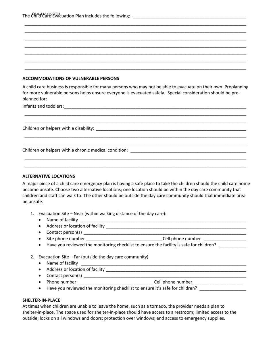 Form OLA-113 Emergency Preparedness and Response Plan Family Child Care Home Template - South Dakota, Page 2