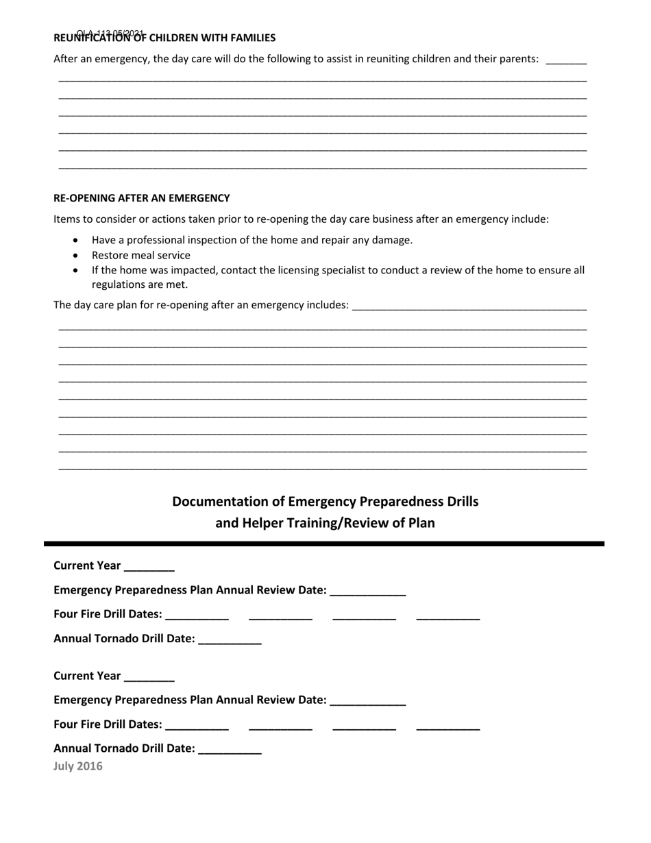 Form OLA-113 Emergency Preparedness and Response Plan Family Child Care Home Template - South Dakota, Page 4