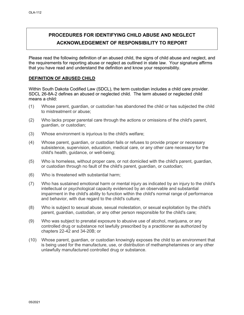 Form OLA-112 Procedures for Identifying Child Abuse and Neglect Acknowledgement of Responsibility to Report - South Dakota, Page 1