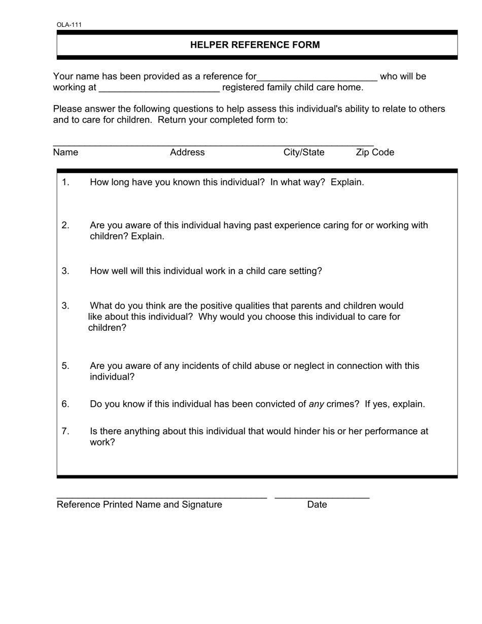 Form OLA-111 Helper Reference Form - South Dakota, Page 1