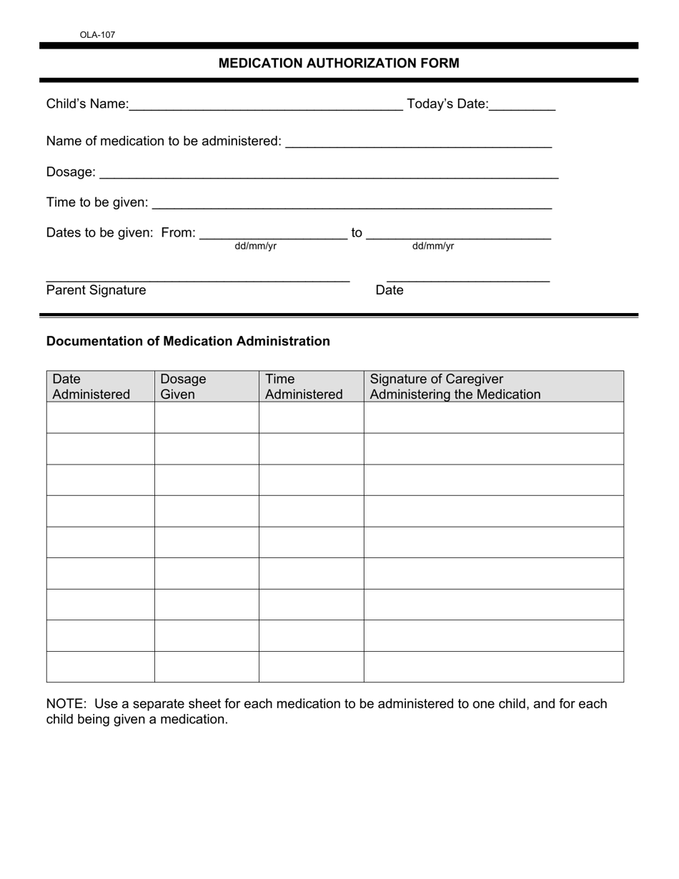 Form OLA-107 Medication Authorization Form - South Dakota, Page 1