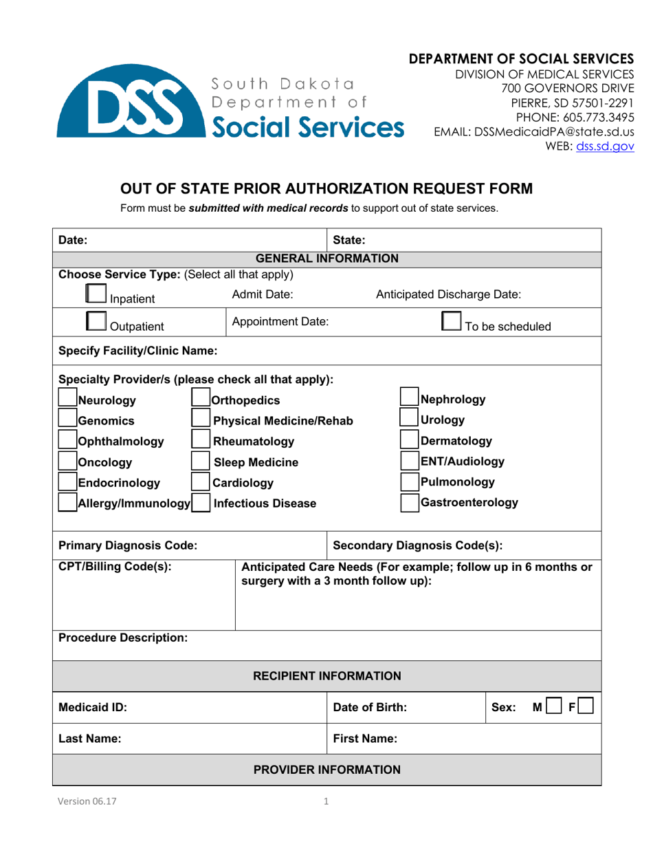 Form PA-105 Out of State Prior Authorization Request Form - South Dakota, Page 1