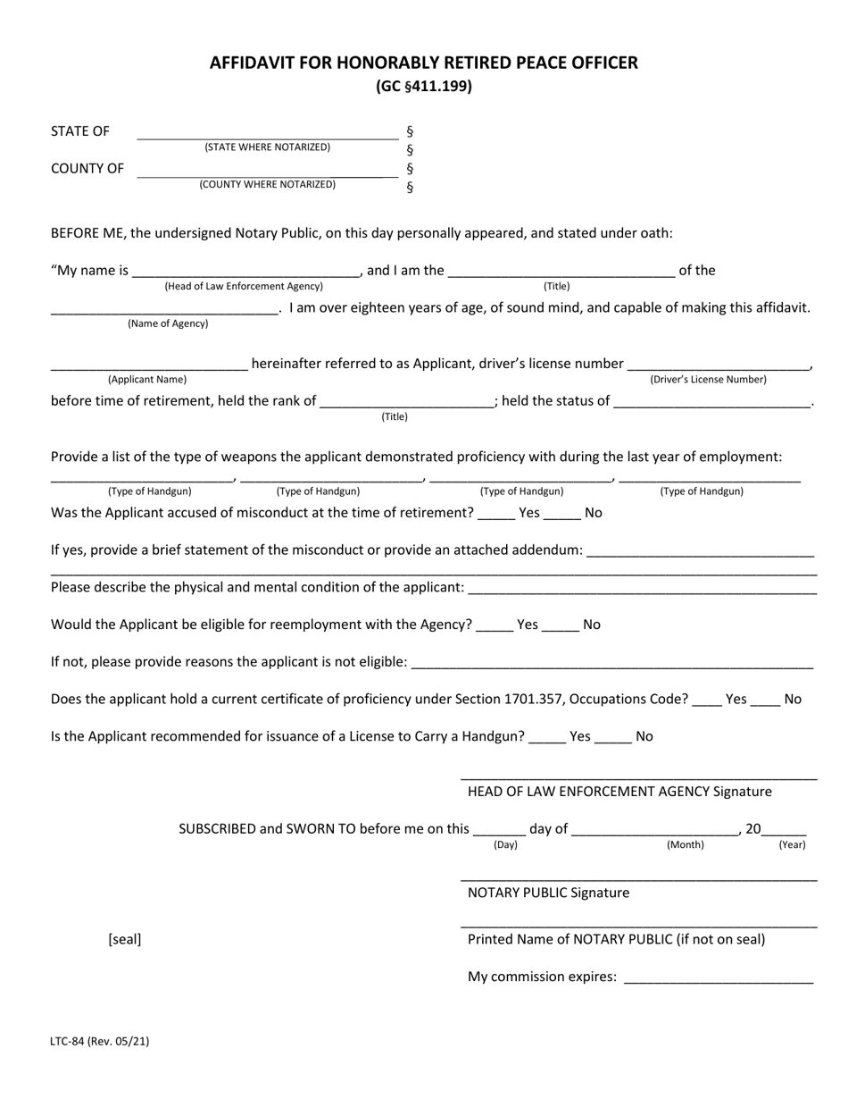 Form LTC-84 Affidavit for Honorably Retired Peace Officer - Texas, Page 1