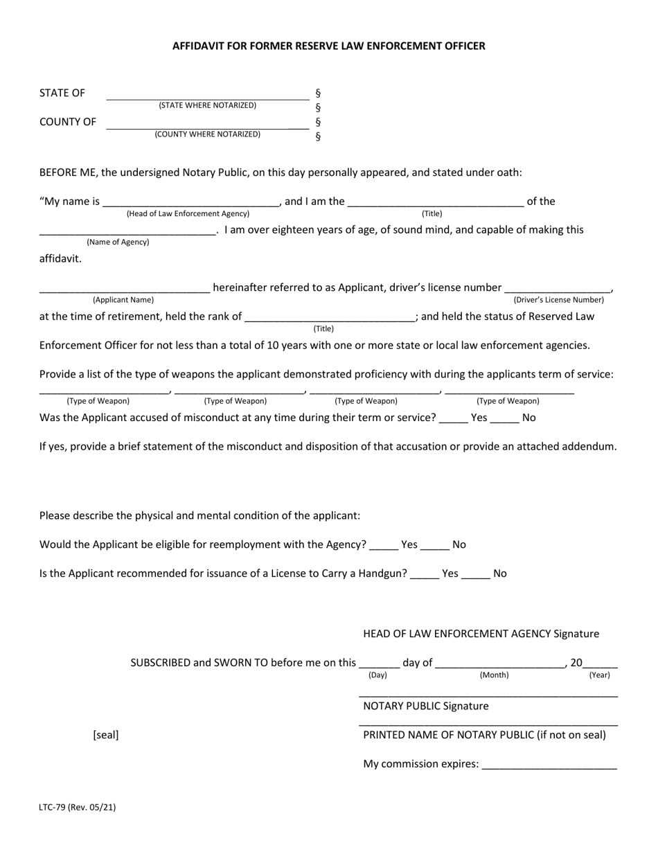 Form LTC-79 Affidavit for Former Reserve Law Enforcement Officer - Texas, Page 1