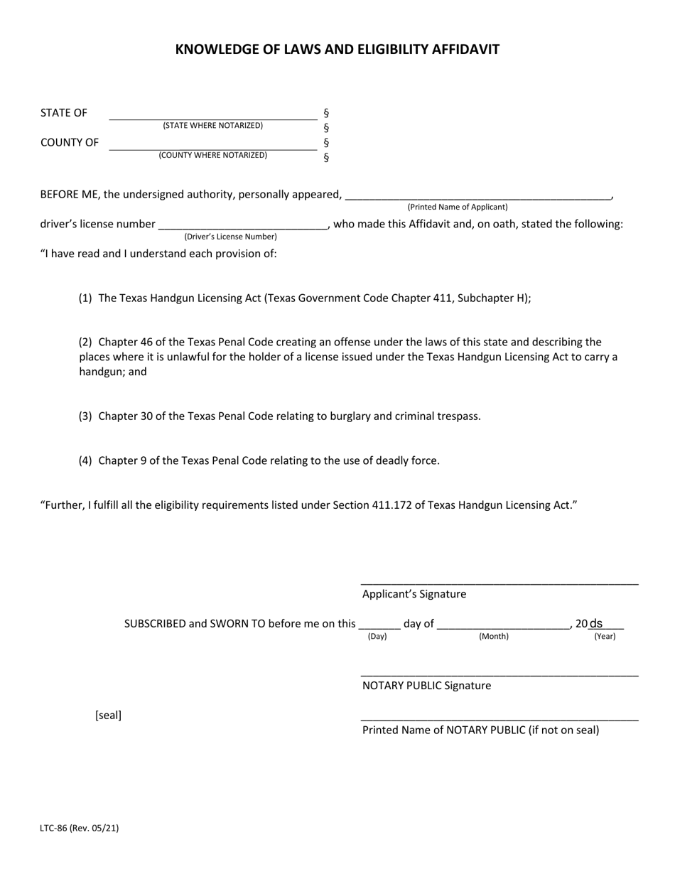 Form LTC-86 Knowledge of Laws and Eligibility Affidavit - Texas, Page 1
