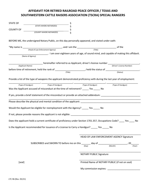 Form LTC-96 Affidavit for Retired Railroad Peace Officer/Texas and Southwestern Cattle Raisers Association (Tscra) Special Rangers - Texas