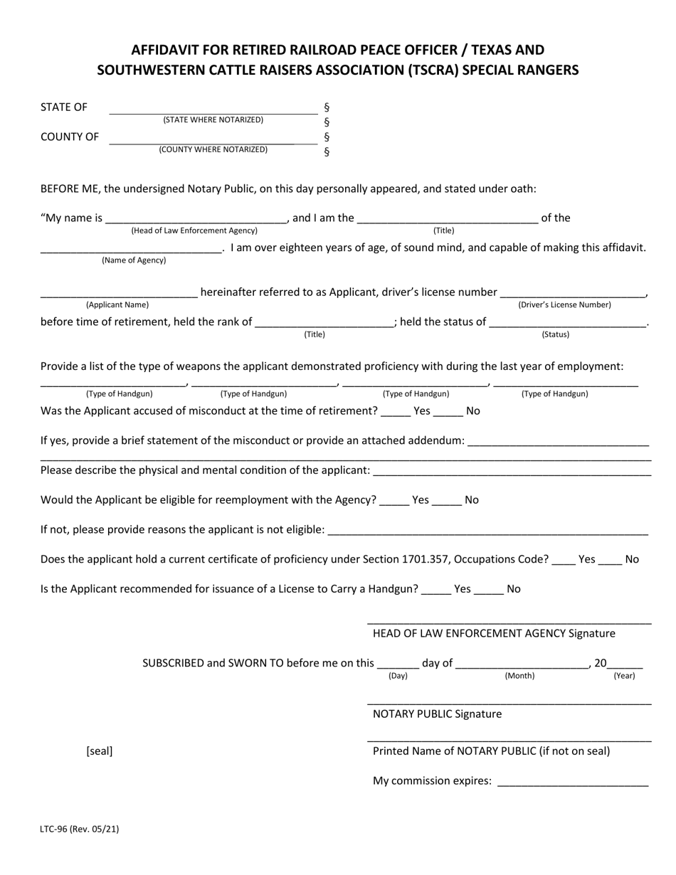 Form LTC-96 Affidavit for Retired Railroad Peace Officer / Texas and Southwestern Cattle Raisers Association (Tscra) Special Rangers - Texas, Page 1