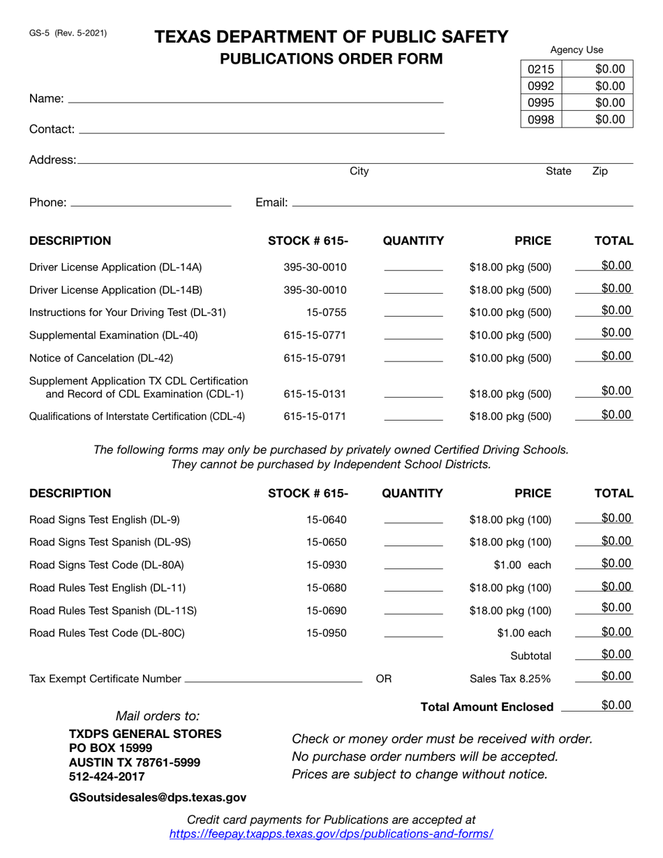 Form GS-5 Publications Order Form - Texas, Page 1
