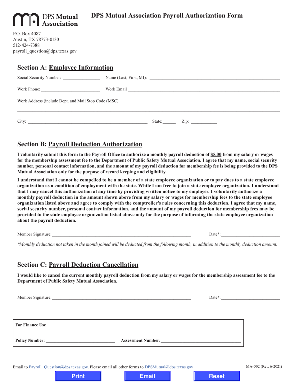 Form MA-002 Dps Mutual Association Payroll Authorization Form - Texas, Page 1